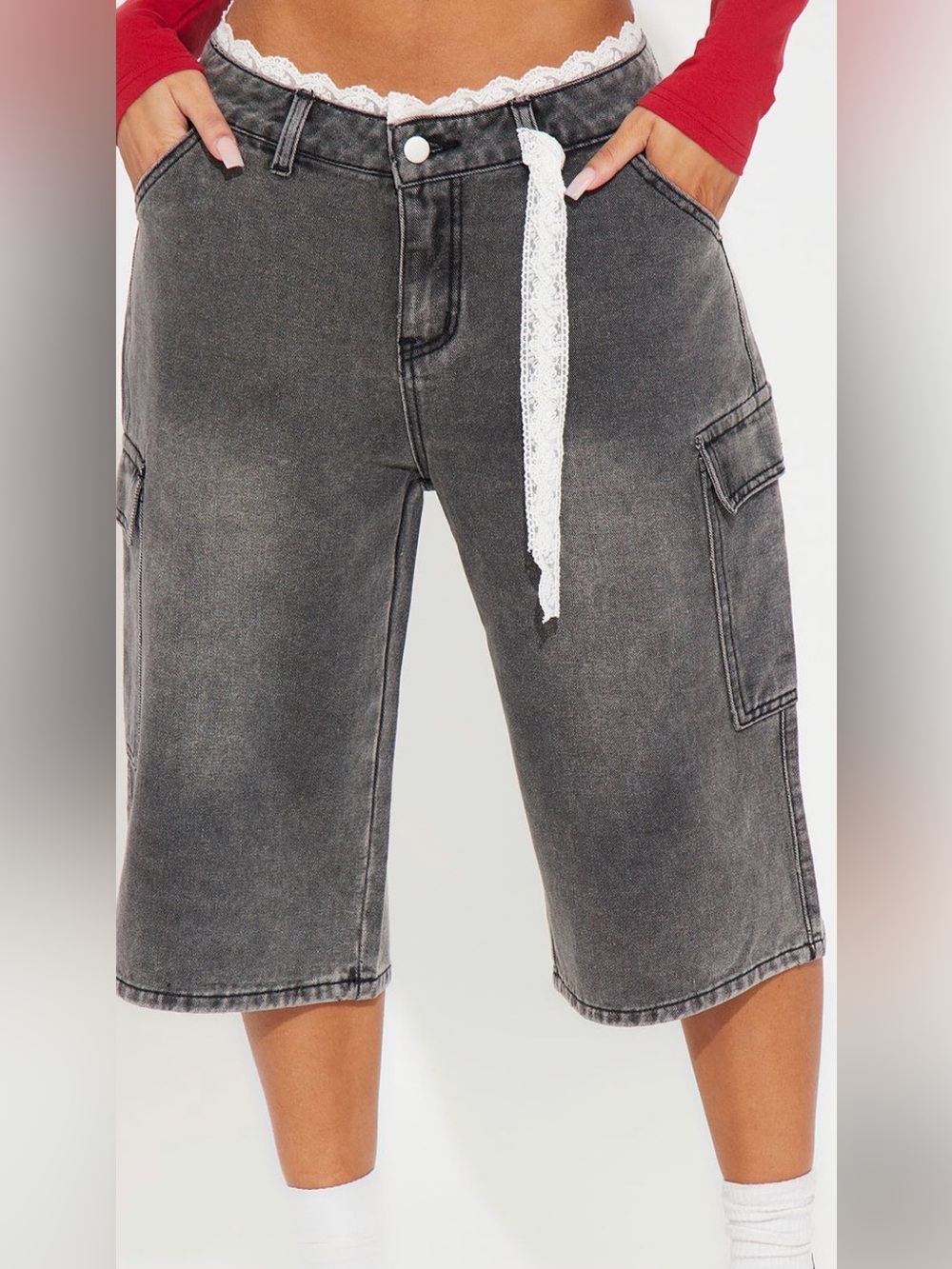 Fashion Nova Somewhere Out There Lace Boxer Trim Denim barrel  Black Wash 7 NWT